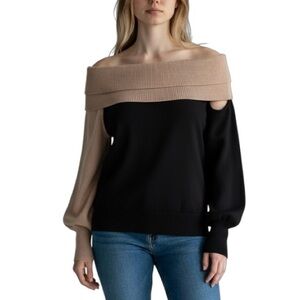 LE LIS Sweater Size Small Colorblock Cold Shoulder Cowl Neck Ribbed Cutout
